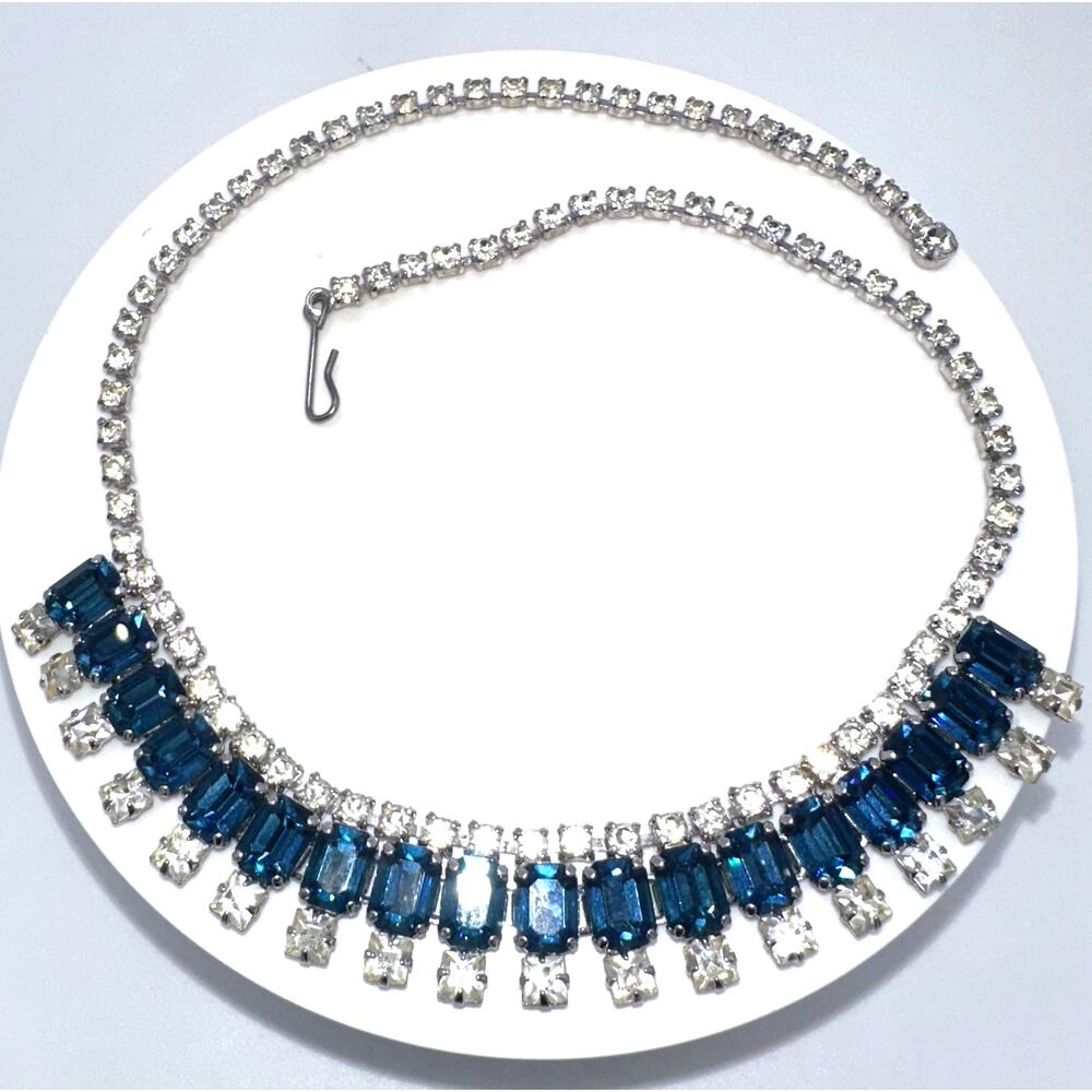 1950s vintage silver tone clear Montana blue glass rhinestones swag necklace - Picture 4 of 8